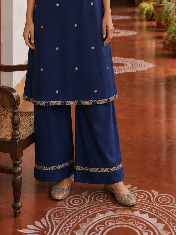 Elegant Navy Blue Kurta with Gold Embroidered Halter Neckline & Banarasi Border