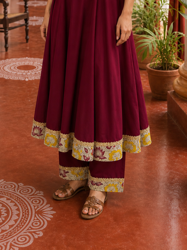 Timeless Maroon Anarkali Kurta Set with Madhubani Floral Yoke, Sequin Embellishment & Matching Dupatta