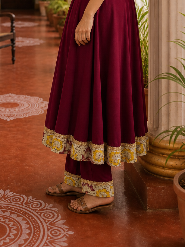 Timeless Maroon Anarkali Kurta Set with Madhubani Floral Yoke, Sequin Embellishment & Matching Dupatta