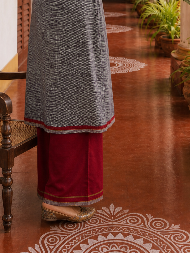 Timeless Grey Khun Kurta with Maroon Embroidered Yoke Panel & Contrast Border Sleeves