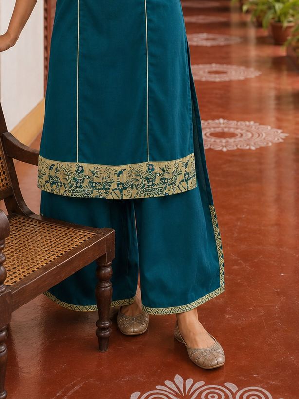 Elegant Teal Cotton Kurta with Beige Kutch-Work hand Embroidered Madhubani Yoke and Mirror Work Detailing
