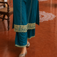 Elegant Teal Cotton Kurta with Beige Kutch-Work hand Embroidered Madhubani Yoke and Mirror Work Detailing