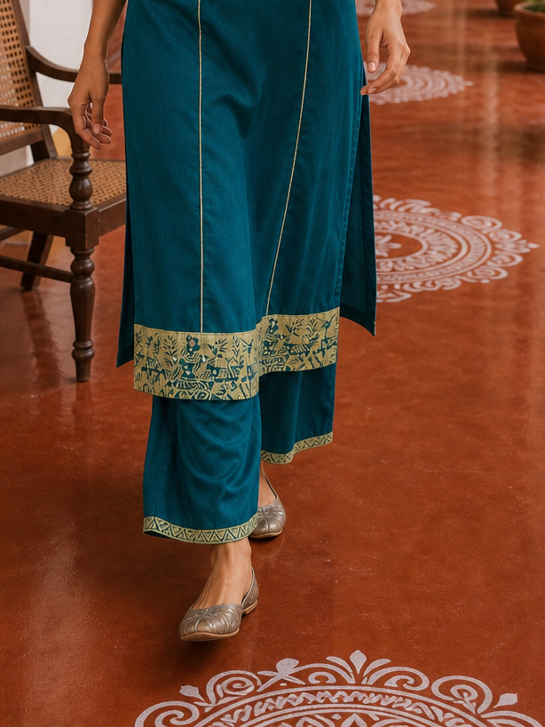 Elegant Teal Cotton Kurta with Beige Kutch-Work hand Embroidered Madhubani Yoke and Mirror Work Detailing