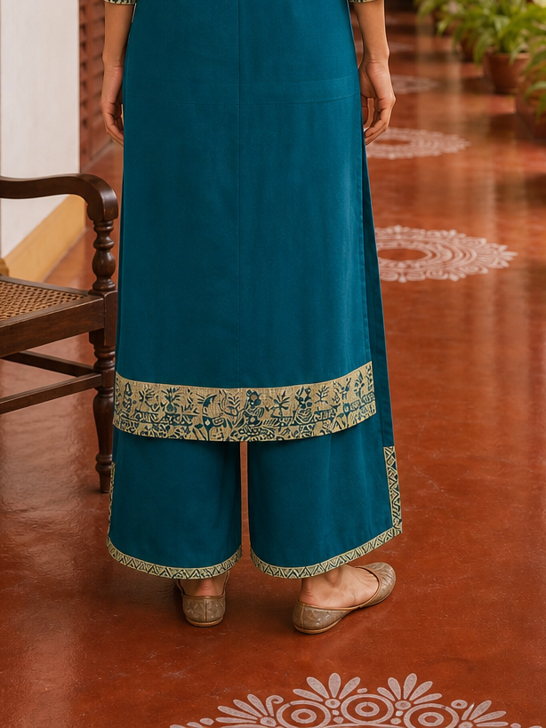 Elegant Teal Cotton Kurta with Beige Kutch-Work hand Embroidered Madhubani Yoke and Mirror Work Detailing