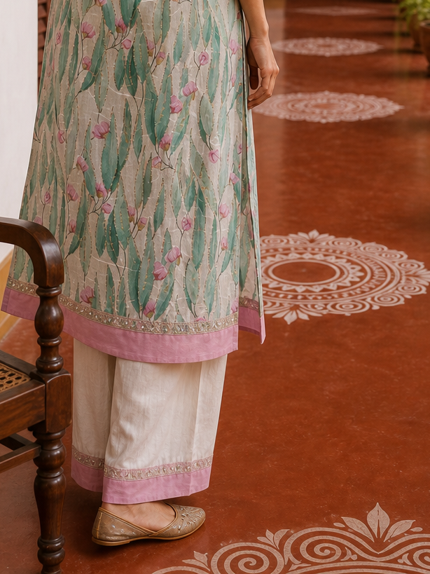 Elegant Off-White Floral Printed Kurta with Pink hand embroidered V-Neck patch