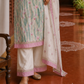 Elegant Off-White Floral Printed Kurta with Pink hand embroidered V-Neck patch