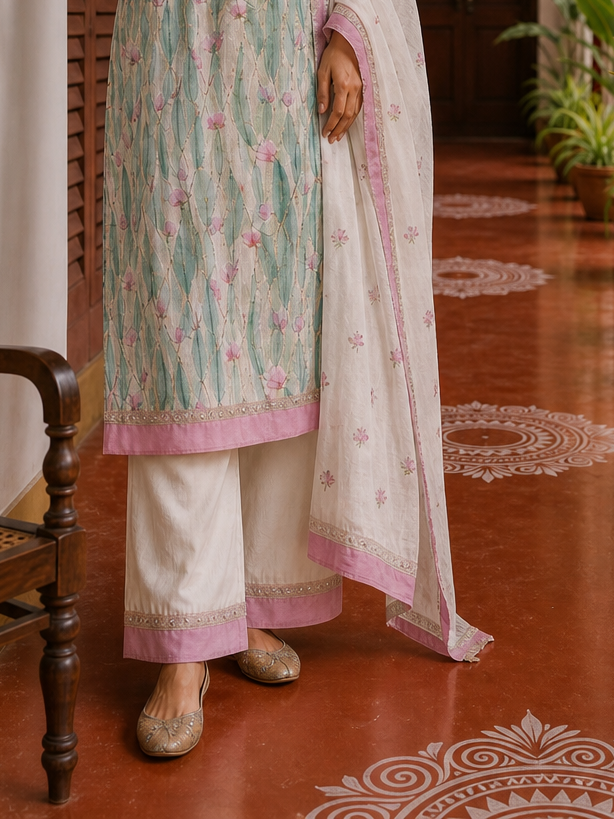 Elegant Off-White Floral Printed Kurta with Pink hand embroidered V-Neck patch
