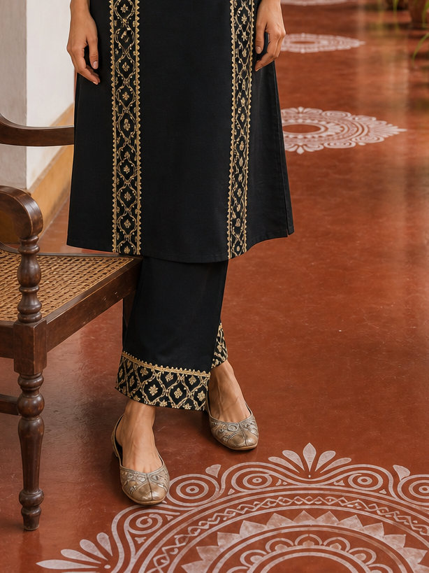 Elegant Black Cotton sil Kurta with Banarasi Panel Border embellished with gold laces