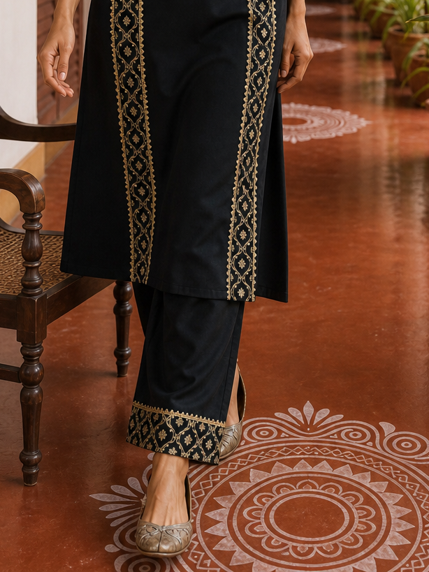 Elegant Black Cotton sil Kurta with Banarasi Panel Border embellished with gold laces
