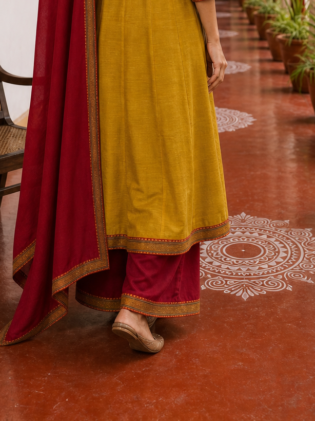 Vibrant Mustard Yellow Cotton Anarkali Kurta with Contrast red Border