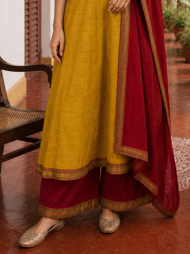 Vibrant Mustard Yellow Cotton Anarkali Kurta with Contrast red Border