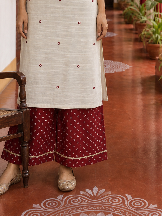Elegant Beige Textured Kurta with Maroon Keyhole Neckline, Mirror Work & Bandhani Print Palazzo Set