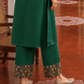 Elegant Bottle Green Dress with Kalamkari Print Yoke, Contrast Sleeve Cuffs
