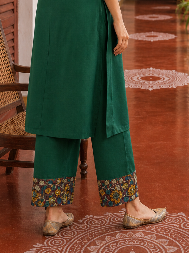 Elegant Bottle Green Dress with Kalamkari Print Yoke, Contrast Sleeve Cuffs