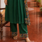 Elegant Bottle Green Dress with Kalamkari Print Yoke, Contrast Sleeve Cuffs