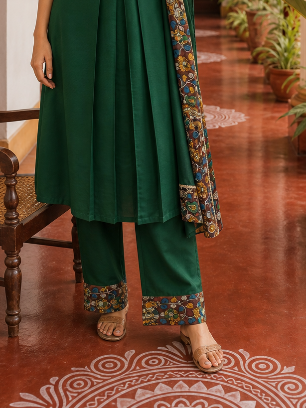 Elegant Bottle Green Dress with Kalamkari Print Yoke, Contrast Sleeve Cuffs