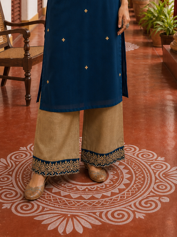 Elegant Teal Blue Georgette Kurta with Heavy Gold embroidered border V-Neck Yoke & Matching Sleeve Cuffs