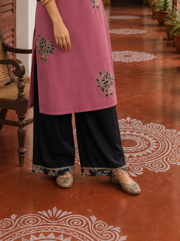 Elegant Pink Georgette Kurta with Floral Applique Motifs and Contrast Black Printed Collar & Dupatta