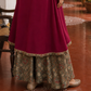 Elegant Rani pink panelled Georgette Kurta with Contrast Printed Border and hand embroidered front panel