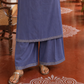 Elegant Dusty Blue Kurta with Gold Zari Embroidered Keyhole Neckline and Striped Contrast Sleeve Cuffs