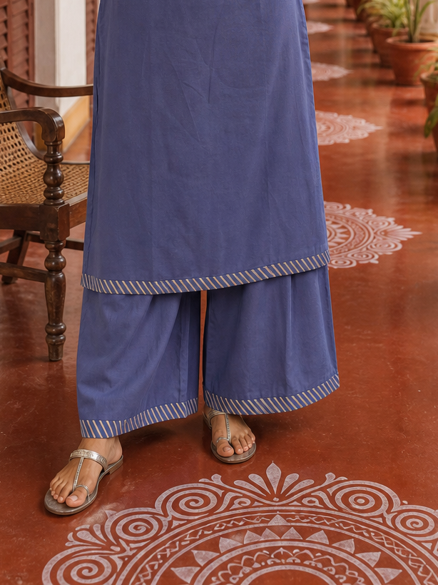 Elegant Dusty Blue Kurta with Gold Zari Embroidered Keyhole Neckline and Striped Contrast Sleeve Cuffs