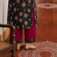 Elegant Black Floral Print Kurta with Contrast Pink hand Embroidered Keyhole Neckline & Scalloped Cuffs