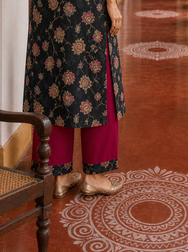 Elegant Black Floral Print Kurta with Contrast Pink hand Embroidered Keyhole Neckline & Scalloped Cuffs