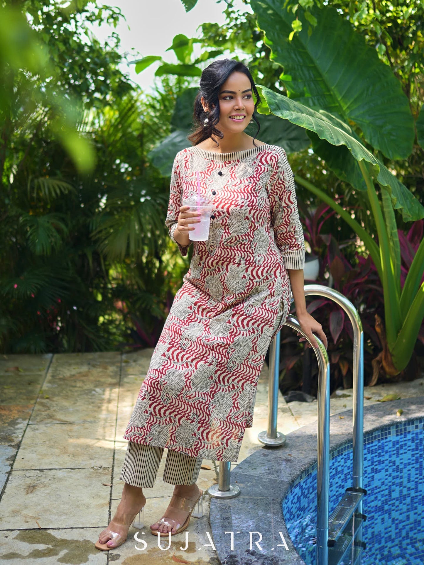 Artisanal Ajrakh Print Kurta with Animal Motifs, Boat Neckline, and Striped Highlights