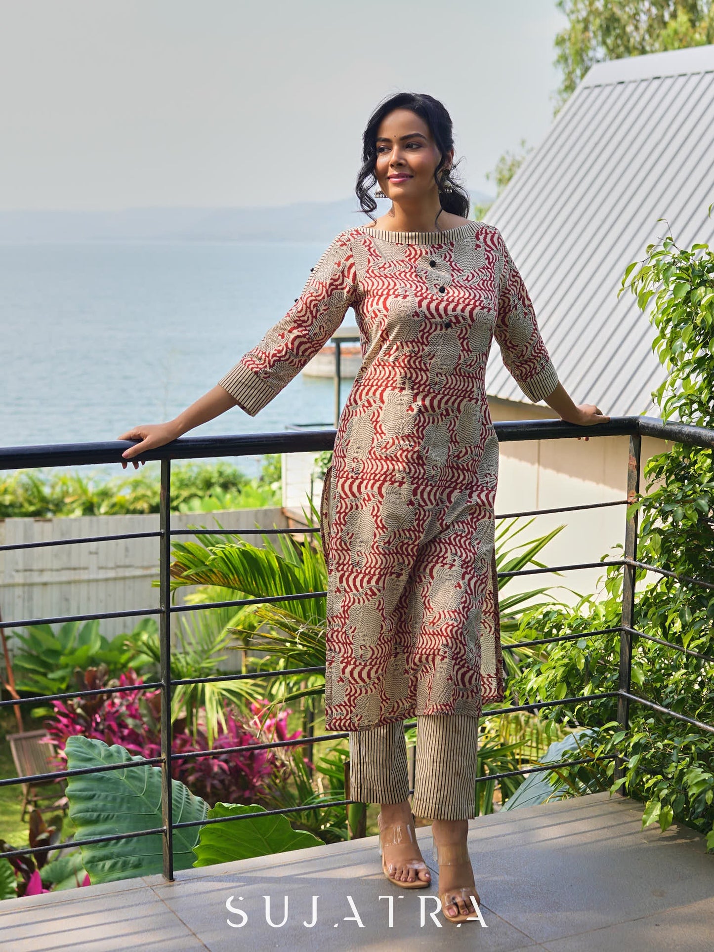 Artisanal Ajrakh Print Kurta with Animal Motifs, Boat Neckline, and Striped Highlights