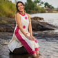 Elegant Off-White Handloom Cotton Kurta with Hibiscus Motifs and Contrast Red Plaid Panels