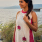 Elegant Off-White Handloom Cotton Kurta with Hibiscus Motifs and Contrast Red Plaid Panels