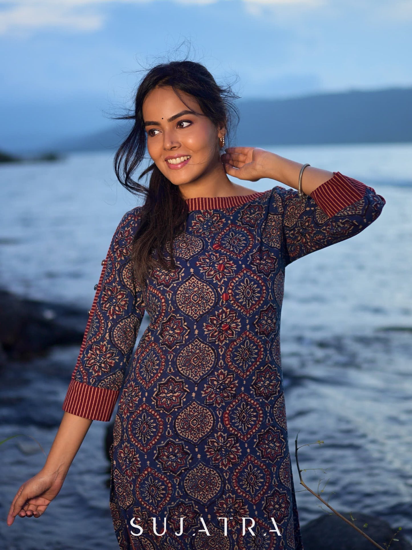 Modern Blue Mughal Print Kurta with Boat Neck and Maroon Stripe Details