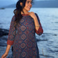 Modern Blue Mughal Print Kurta with Boat Neck and Maroon Stripe Details