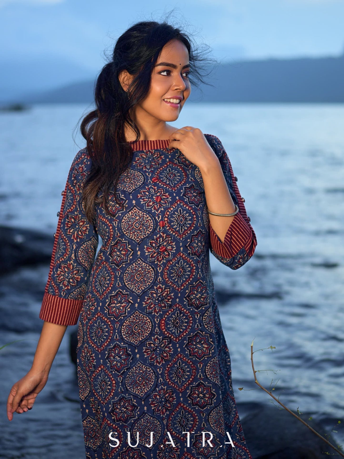 Modern Blue Mughal Print Kurta with Boat Neck and Maroon Stripe Details