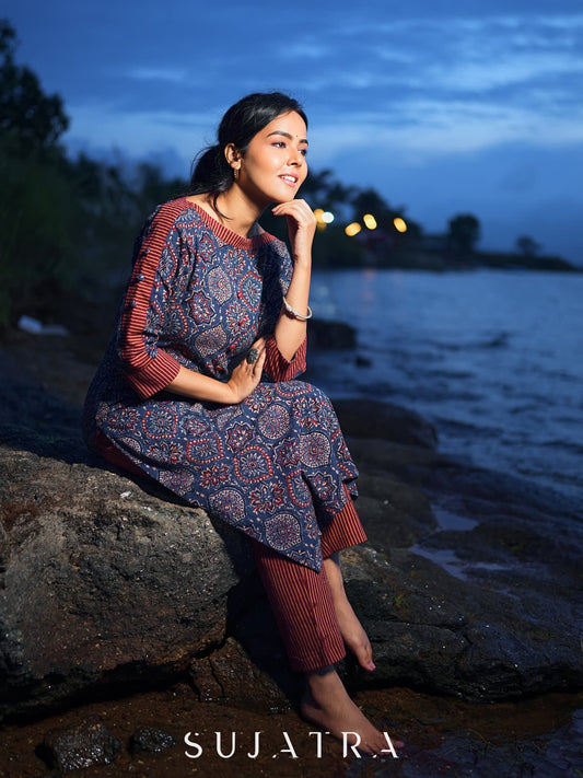 Modern Blue Mughal Print Kurta with Boat Neck and Maroon Stripe Details