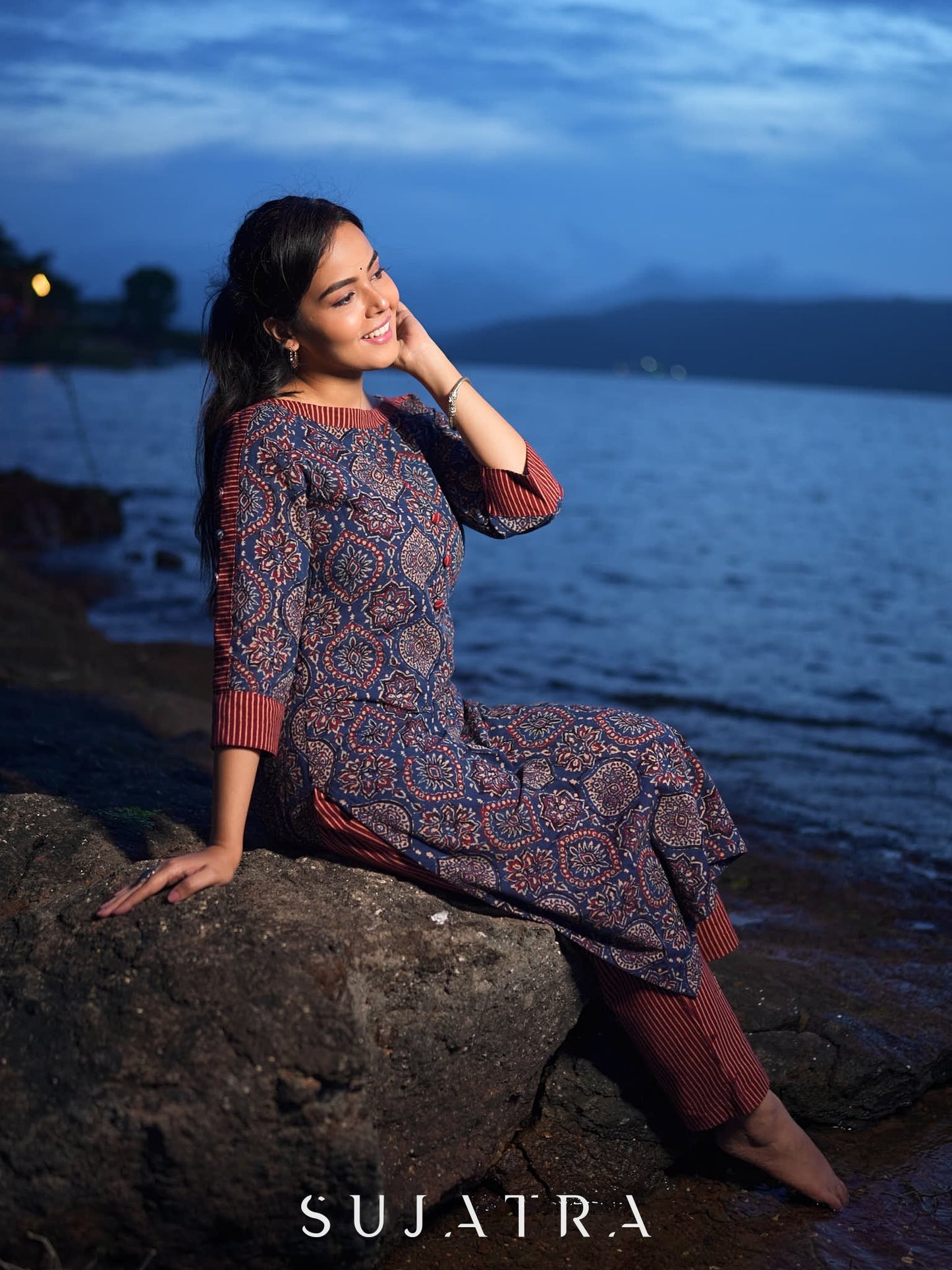 Modern Blue Mughal Print Kurta with Boat Neck and Maroon Stripe Details