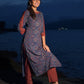 Modern Blue Mughal Print Kurta with Boat Neck and Maroon Stripe Details