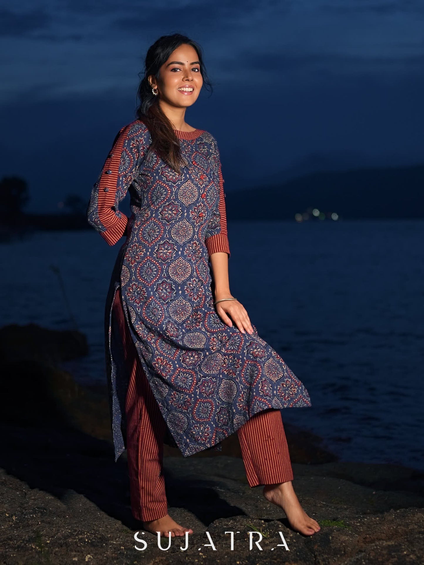 Modern Blue Mughal Print Kurta with Boat Neck and Maroon Stripe Details