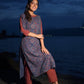Modern Blue Mughal Print Kurta with Boat Neck and Maroon Stripe Details
