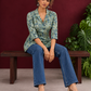 Classic Indigo Floral Printed Cotton Shirt with Bell Sleeves — seated