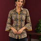 Black Kalamkari Printed Cotton Shirt with Floral Motifs — fabric detail