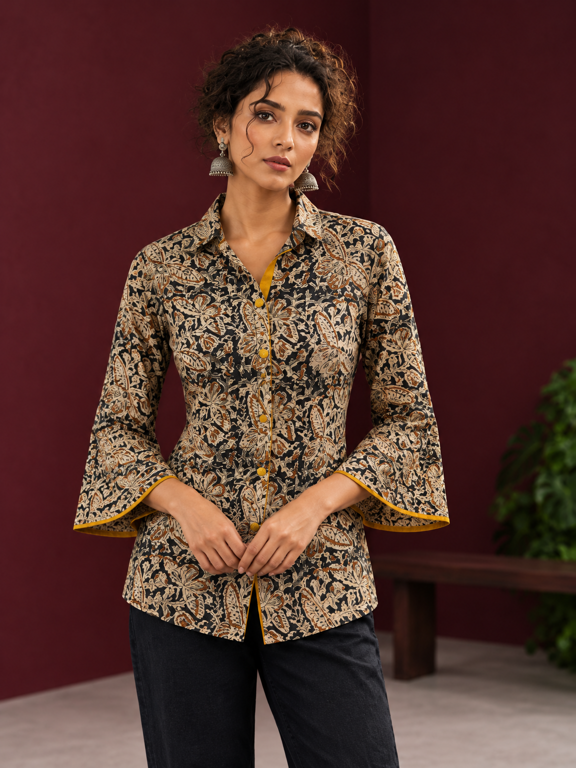 Black Kalamkari Printed Cotton Shirt with Floral Motifs — fabric detail