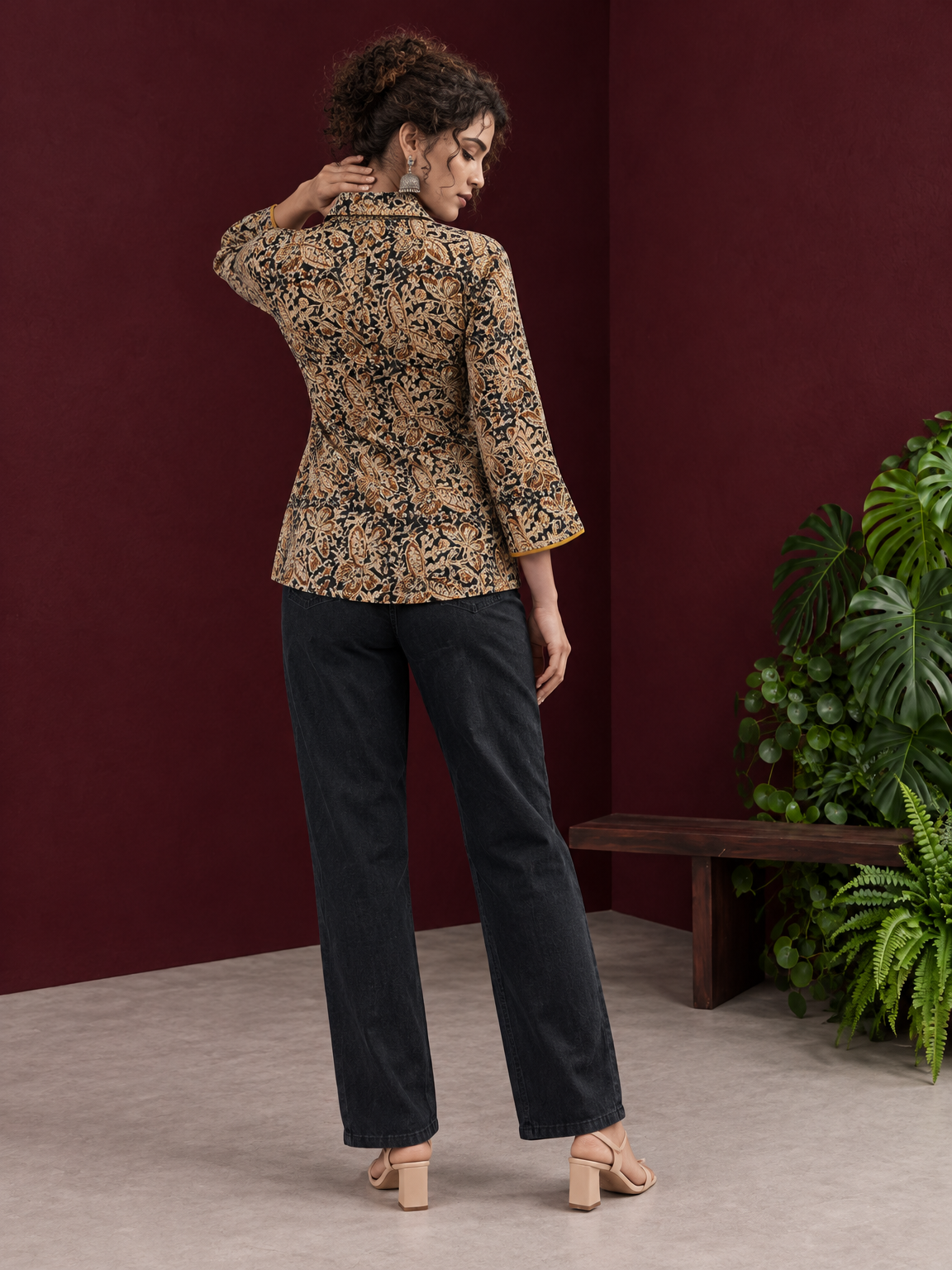 Black Kalamkari Printed Cotton Shirt with Floral Motifs — back view