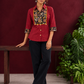 Maroon Cotton Shirt with Contrast Kalamkari Printed Yoke Panel & Sleeve Cuffs with Gold Button Detailing — front view