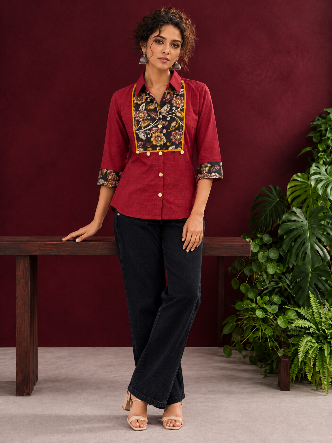 Maroon Cotton Shirt with Contrast Kalamkari Printed Yoke Panel & Sleeve Cuffs with Gold Button Detailing — front view
