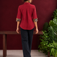 Maroon Cotton Shirt with Contrast Kalamkari Printed Yoke Panel & Sleeve Cuffs with Gold Button Detailing — back view