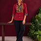Maroon Cotton Shirt with Contrast Kalamkari Printed Yoke Panel & Sleeve Cuffs with Gold Button Detailing — styled view