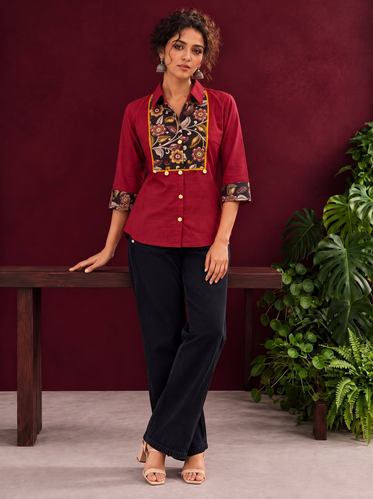Maroon Cotton Shirt with Contrast Kalamkari Printed Yoke Panel & Sleeve Cuffs with Gold Button Detailing — styled view