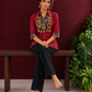 Maroon Cotton Shirt with Contrast Kalamkari Printed Yoke Panel & Sleeve Cuffs with Gold Button Detailing — seated