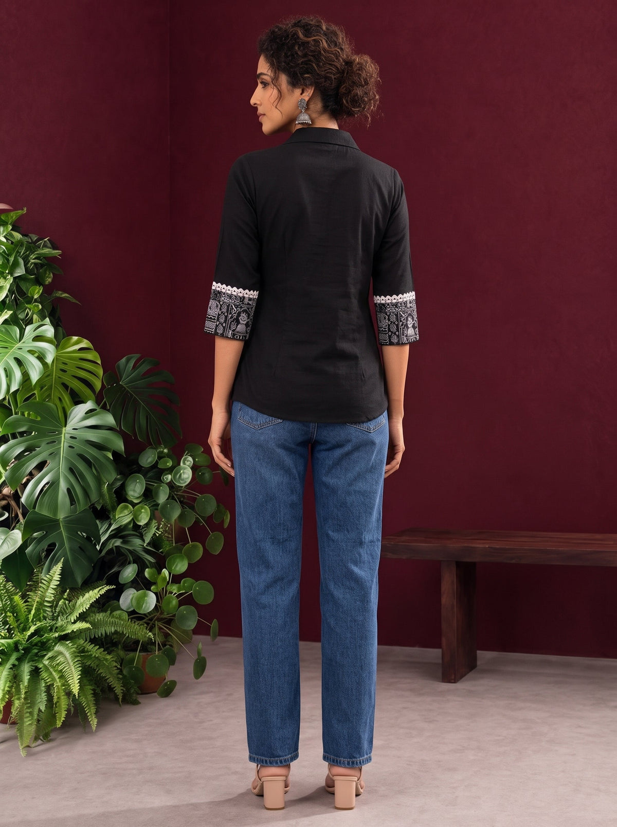 Classic Black Cotton Shirt with Collared Neckline and Contrast Printed Sleeve Cuffs — back view